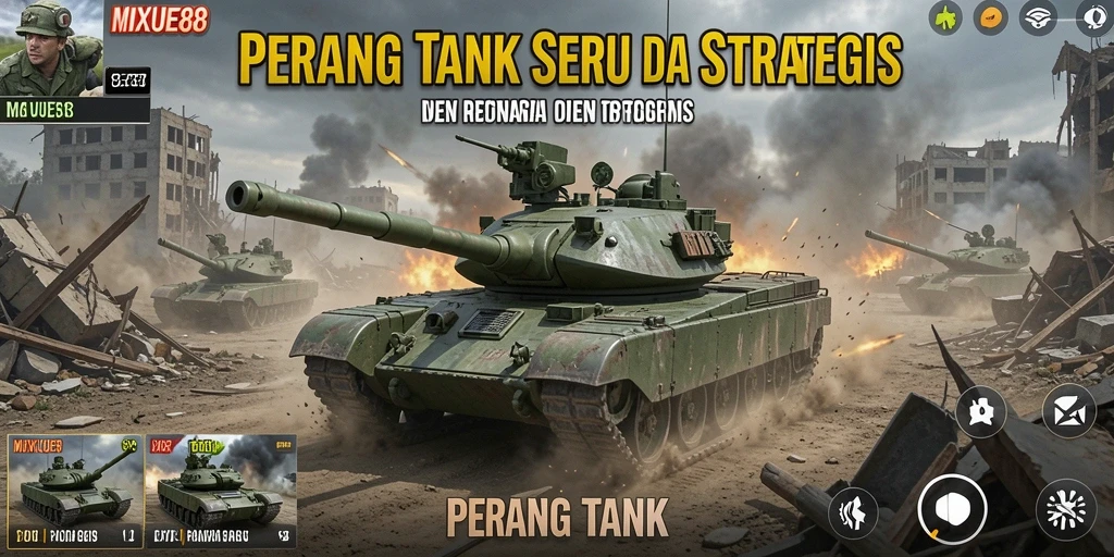 Screenshot utama MIXUE88 menampilkan pertempuran tank yang intens dan grafis yang mengesankan.